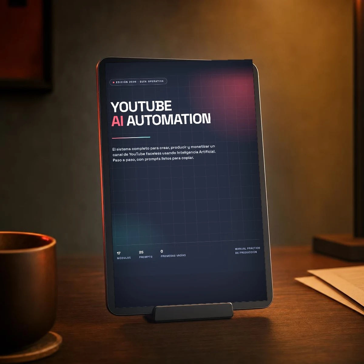 La guía YouTube AI Automation abierta en una tablet sobre un escritorio