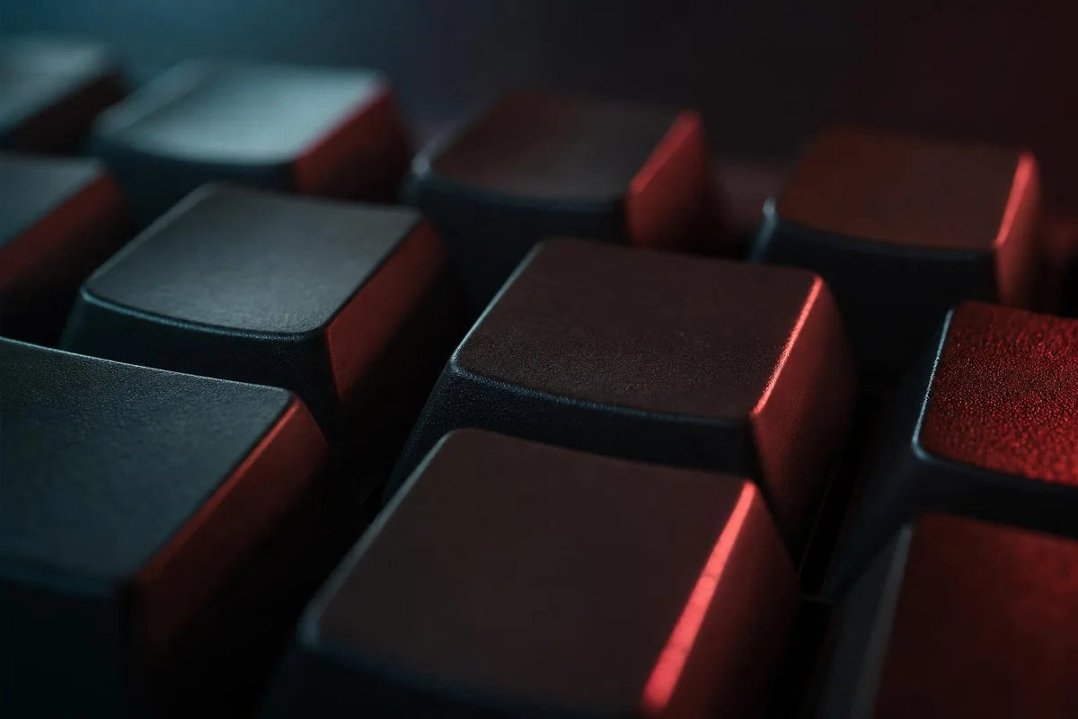 Teclado sobre un escritorio oscuro, con luz cálida de lado
